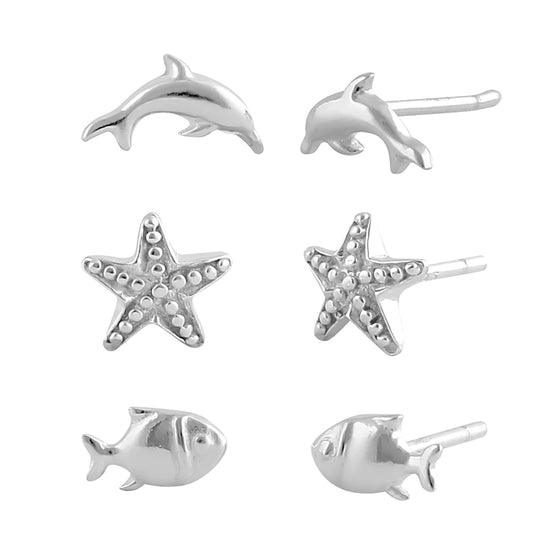 Pendientes de plata de ley con forma de estrella de mar y delfín