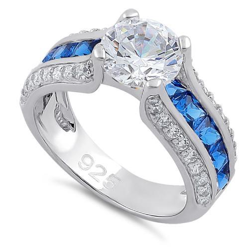 Anillo de plata de ley con circonita cúbica transparente y azul de talla princesa y redonda 