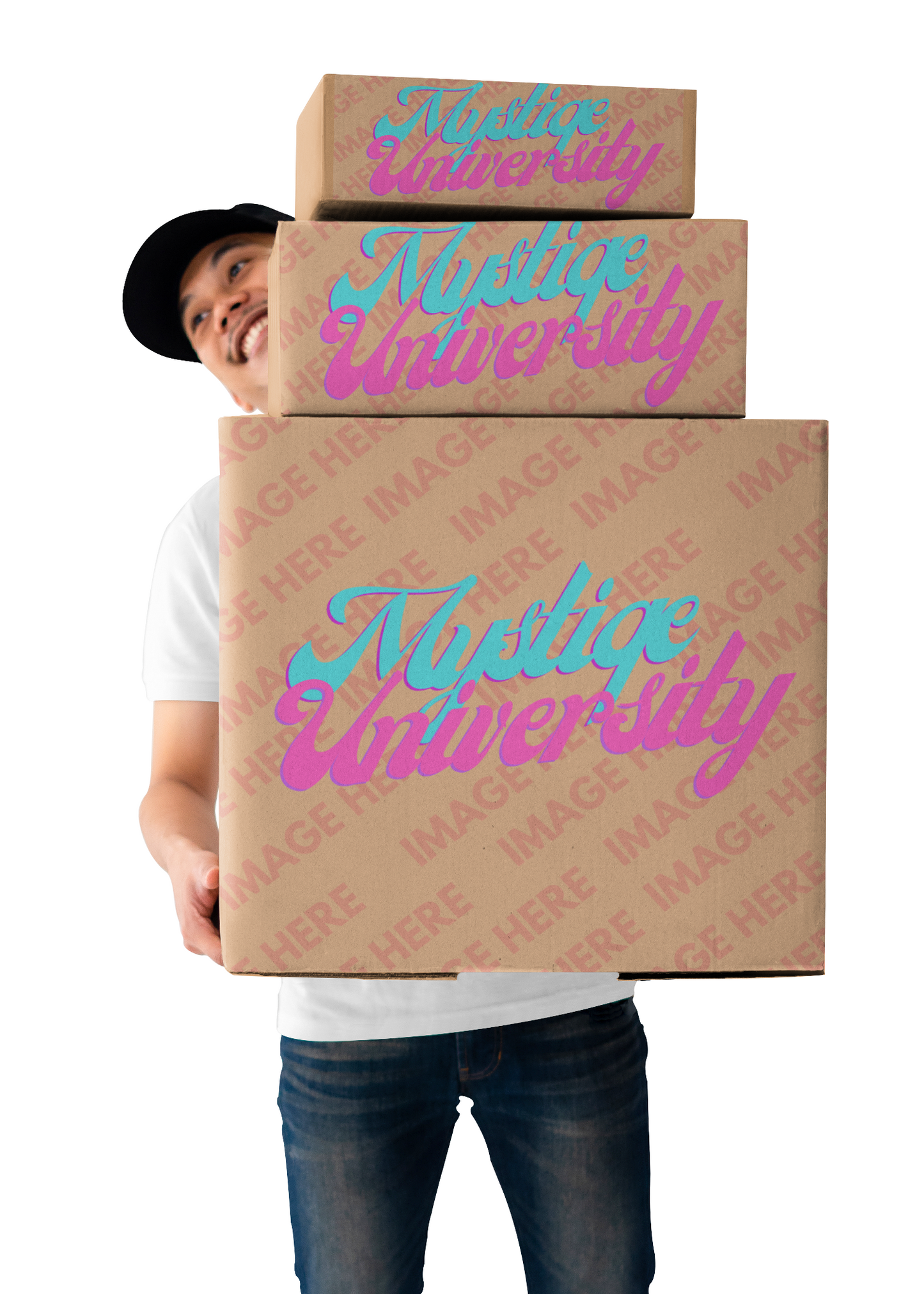 Box Mockup With a Smiling Man Holding Three Boxes