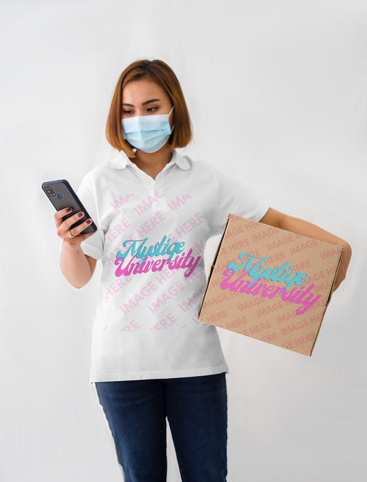 Box Mockup With a Woman Holding a Box on Her Arm While Browsing