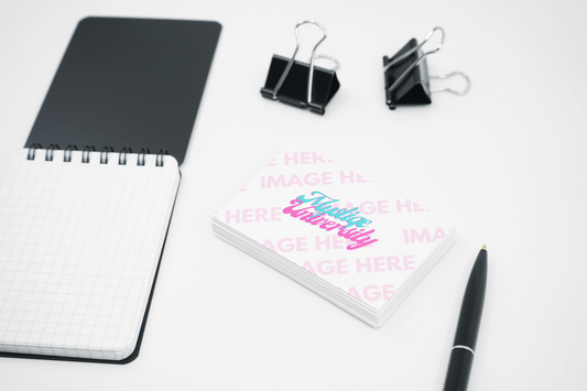 Stack of Business Cards with Office Supplies Mockup