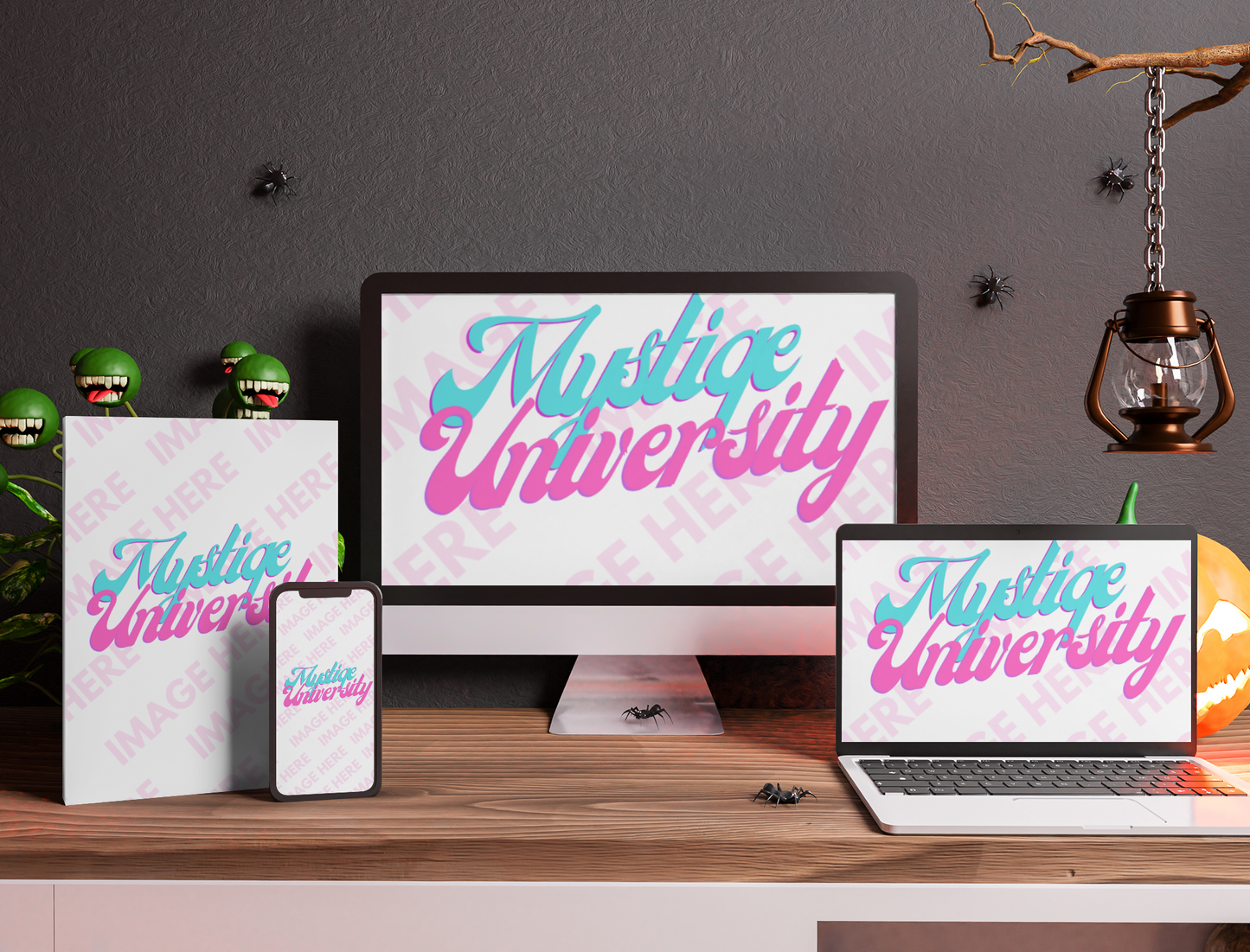 Devices and Book Mockup on top of a Table With Halloween Themed Scene