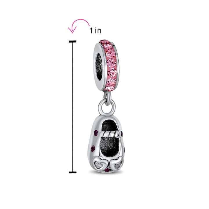 Pink Crystal Heart Shoe Dangle Bead Charm