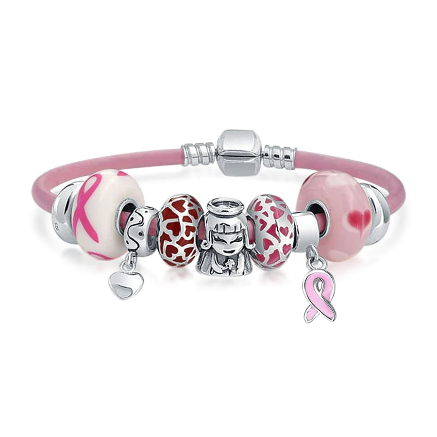 Leather Breast Cancer Survivor Pink Charm Bracelet