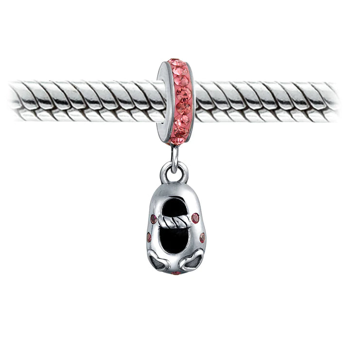 Pink Crystal Heart Shoe Dangle Bead Charm