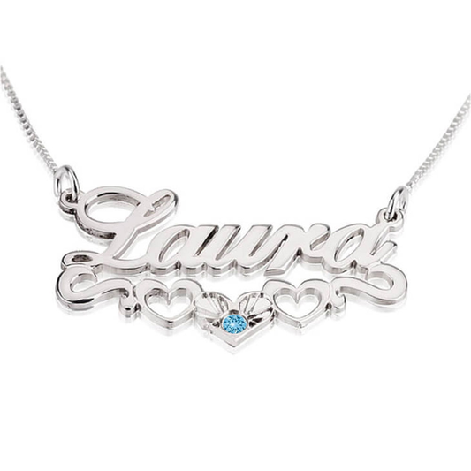 Sterling Silver Birthstone Name Necklace with Underline Hearts
