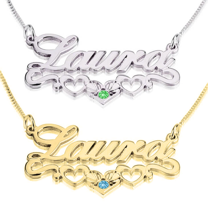 24K Gold Plated Birthstone Name Necklace with Underline Hearts