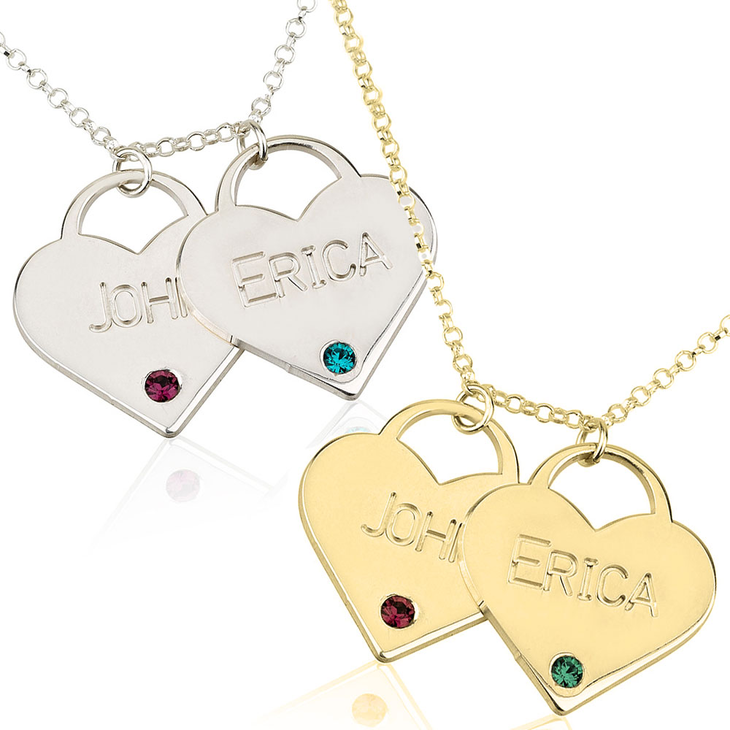Birthstone Heart Necklace With Engraved Names