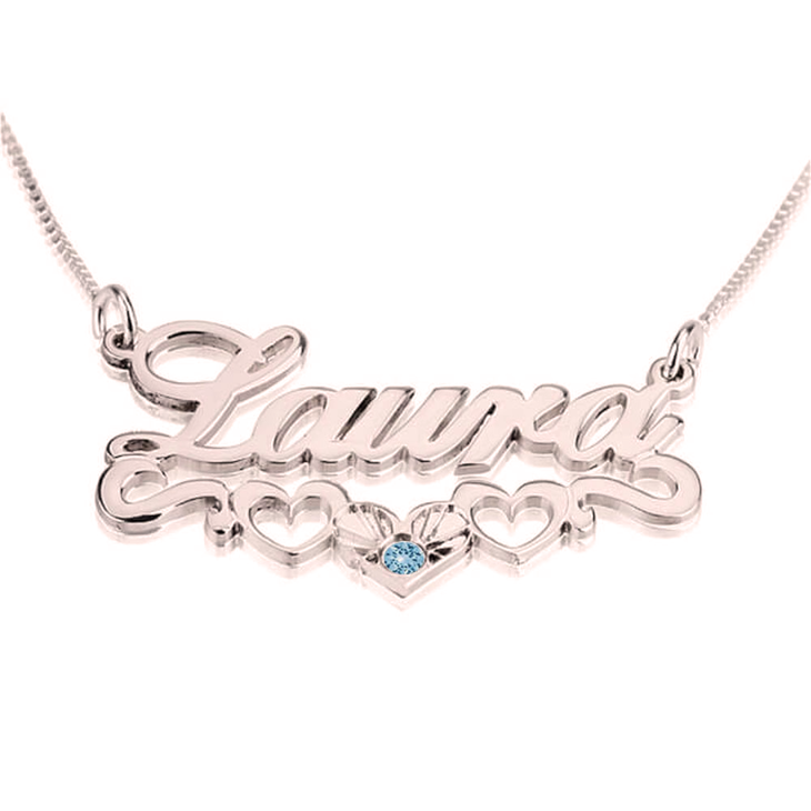 Rose Gold Plated Birthstone Name Necklace with Underline Hearts