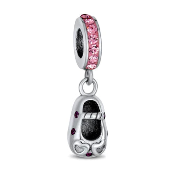 Pink Crystal Heart Shoe Dangle Bead Charm