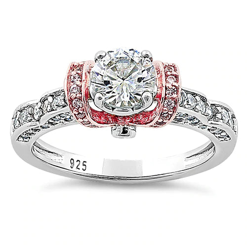 Anillo lujoso de plata de ley chapado en oro rosa de dos tonos con circonita transparente y rosa de corte redondo 