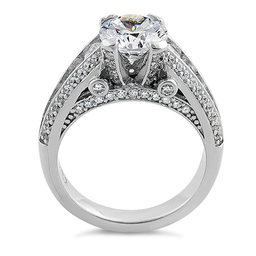 Anillo de compromiso prístino de plata de ley con circonita transparente de talla redonda 